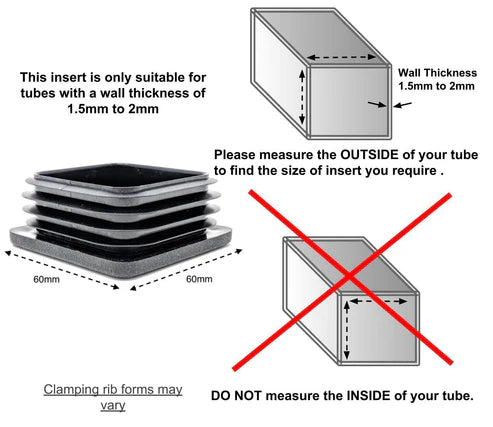 MODEL MT-124 SIZE 60MM SQUARE FLAT END CAPS BOTTOMS FOR TABLE & CHAIR LEGS & ALL OTHER TUBULAR FEET